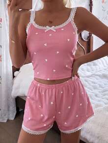 CottageSlumber Women's Pink Heart & Ribbed Lace Silk Camisole Shorts Pajama Set - Coral Pink - View 4