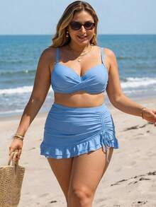 Swim Lushoire Plus Size Women 3 PiecesSwimsuit Set - Blue - View 5