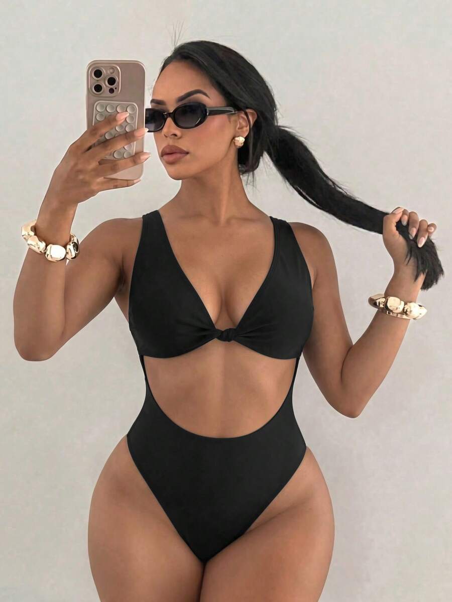 Swim SXY 1pc Women's Solid Color Twist Knot High Neck Criss-Cross Backless One-Piece Swimsuit - Black - View 1