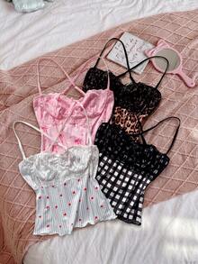 SweetSlumber Women's INS Sweet Bow Heart Striped Plaid Leopard Print Patchwork Contrast Color Lace Camisole Knit Cropped 4-Piece Pajama Set - Multicolor - View 1