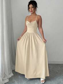 Elenzga Women's Elegant Romantic Chiffon Spaghetti Strap Waist Cinched Flowing Dress, Suitable For Wedding Guests, Sisters Gathering - Apricot - View 5