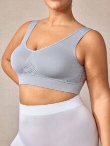 Veilyse 1pc Plus Size Women Breathable Mesh Hollow Out Wirefree Bra, Comfortable Lingerie - Grey - View 5