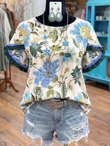 Linhara Plus Size Women Floral Print Round Neck Ruffle Sleeve Casual Blouse - Multicolor - View 1