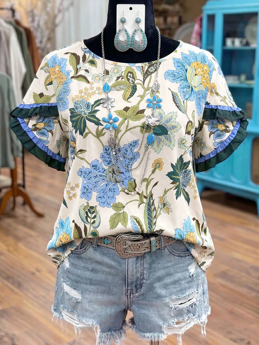 Linhara Plus Size Women Floral Print Round Neck Ruffle Sleeve Casual Blouse - Multicolor - View 1
