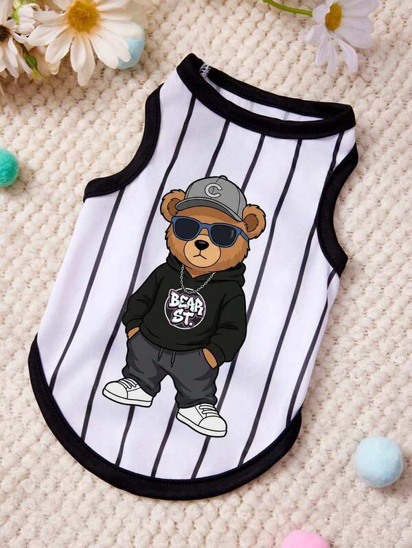 PETSIN 1pc Domineering Brown Bear Printed Pet Vest With Black And White Stripes, Casual Style, Gentle And Breathable, Anti Shedding Pet Clothes