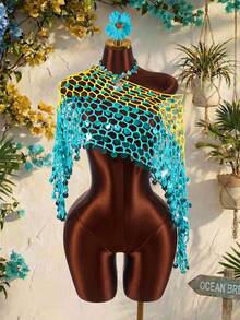 Amplova Áo khoác ngoài móc gợi cảm phong cách avant-garde cho nữ, phù hợp đi nghỉ dưỡng, áo crop top móc vai lệch đính sequin, màu xanh ombre dễ thương, hàng mới về cho đi biển và resort - Màu xanh lam - Xem 3