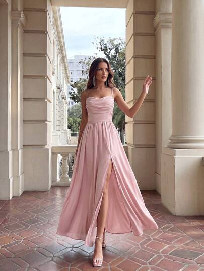 Aloruh Elegant Front Collar Pocket Design Back See-Through With Tie Back Detail A-Line Dress With High Slit, Bridesmaid Dress (Adult)