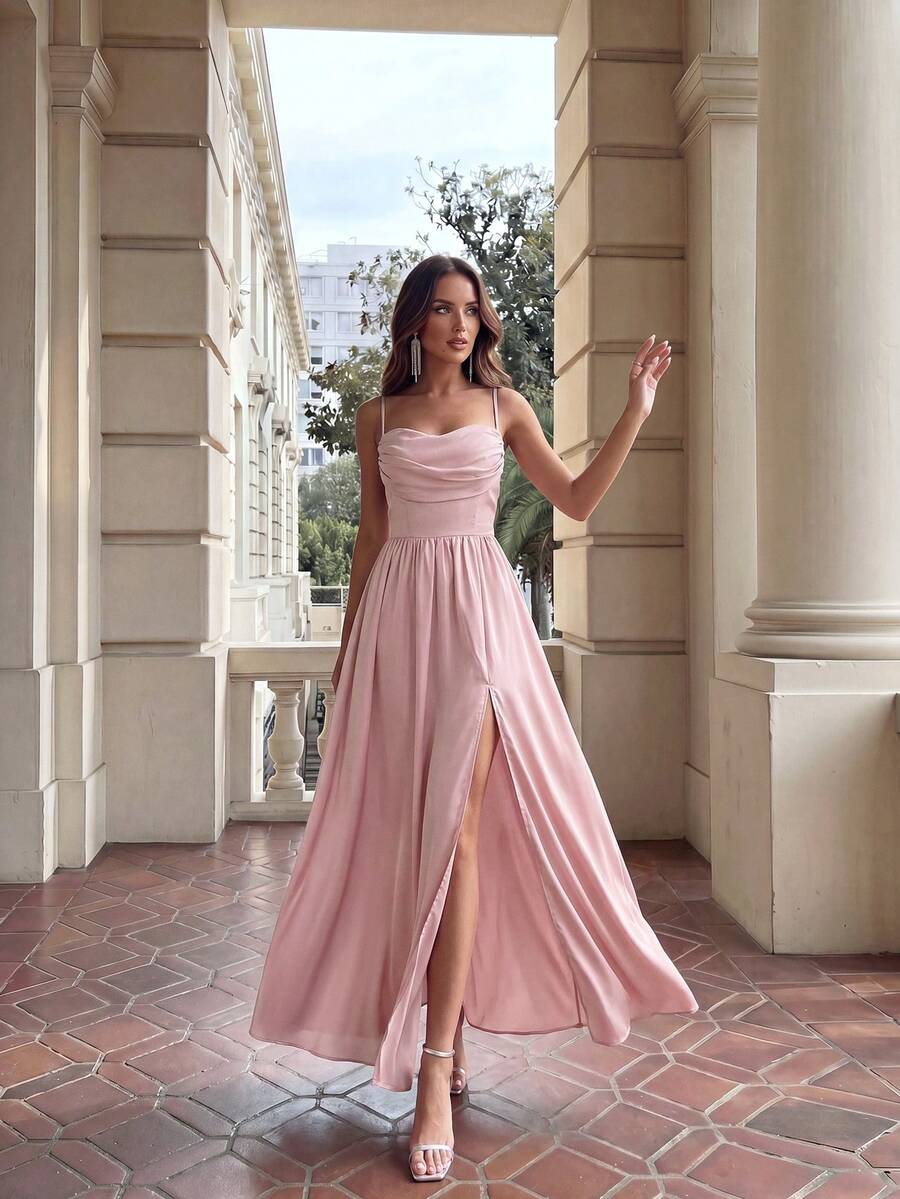 Aloruh Thiết kế túi cổ phía trước thanh lịch Phía sau xuyên thấu có chi tiết buộc dây Váy chữ A xẻ cao, Váy phù dâu (Người lớn) - Bụi hồng - Xem 1