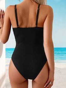 Swim Lushoire 1 件女式纯色荷叶边前系带连体泳衣休闲度假泳衣 - 黑色 - 查看 2