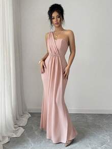 SHEIN Elenzya Đầm nữ thanh lịch, lãng mạn, tinh tế với cổ áo bất đối xứng, thắt eo, đuôi cá, đính ngọc trai, thích hợp cho các bữa tiệc và họp mặt. - Màu Hồng  San hô - Xem 6