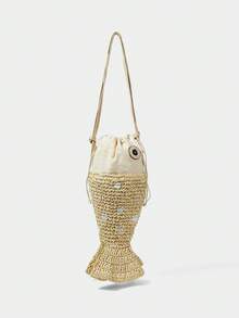 Viva Strut Túi xách nữ thời trang mùa hè vui nhộn hình cá nhỏ, đan thủ công, đính sequin và trang trí, thích hợp đi biển (dây đeo vai có thể điều chỉnh độ dài). - Màu be - Xem 8