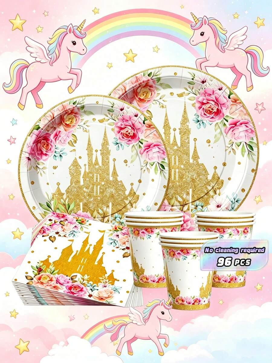 白色背景城堡花卉图案一次性餐盘、餐巾纸和杯子,派对用品套装,可供 24 人使用,一次性纸质派对餐具,适合生日、婚礼、主题派对、家庭野餐。 - 查看 1