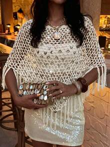 Selianne Women's Casual Boho Vacation Crochet Sequin Embellished Tasseled Hem Knit Top Beach Cream Summer - White - View 1
