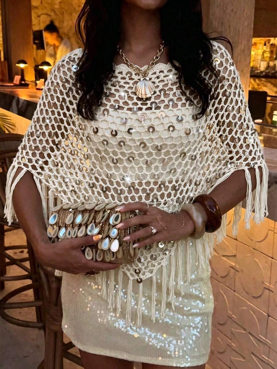 Selianne Women's Casual Boho Vacation Crochet Sequin Embellished Tasseled Hem Knit Top Beach Cream Summer - White - View 1