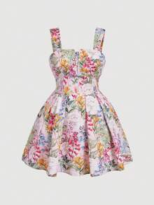SHEIN MOD 大尺碼女款花卉印花百褶休閒派對洋裝 - 彩色 - 查看 6