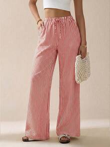 SHEIN Tall Striped & Printed Casual Daily Wear Women Spring/Summer Long Pants - Red - View 6
