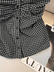 Franclia Women's Casual Plaid Print Ruched Bandeau Top With Hair Scrunchie - Black and White - View 6