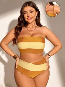 Swim Chiccia Plus Size Summer Vacation Beach Gym Contrast Color Bandeau Bikini Set - Yellow - View 3