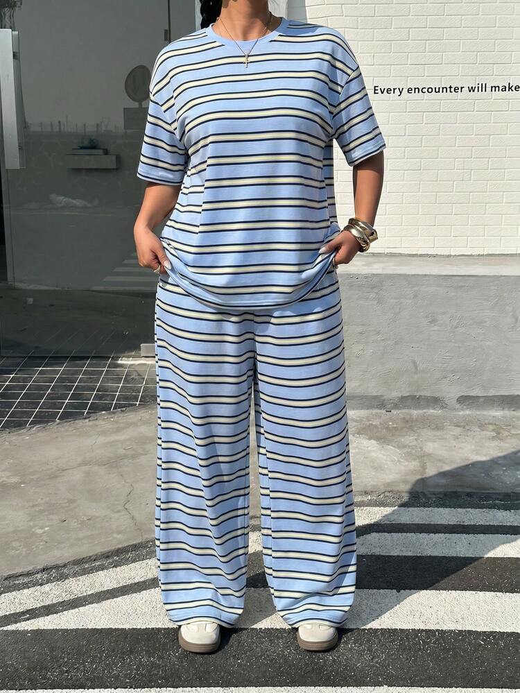Muchica Plus Size Blue Striped Print Round Neck Top And Loose Pants 2 Pieces Set - Blue - View 6