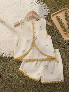 Cozy Pixies 女婴碎花印花撞色滚边无袖上衣和松紧腰短裤两件套 - 黃色 - 查看 1