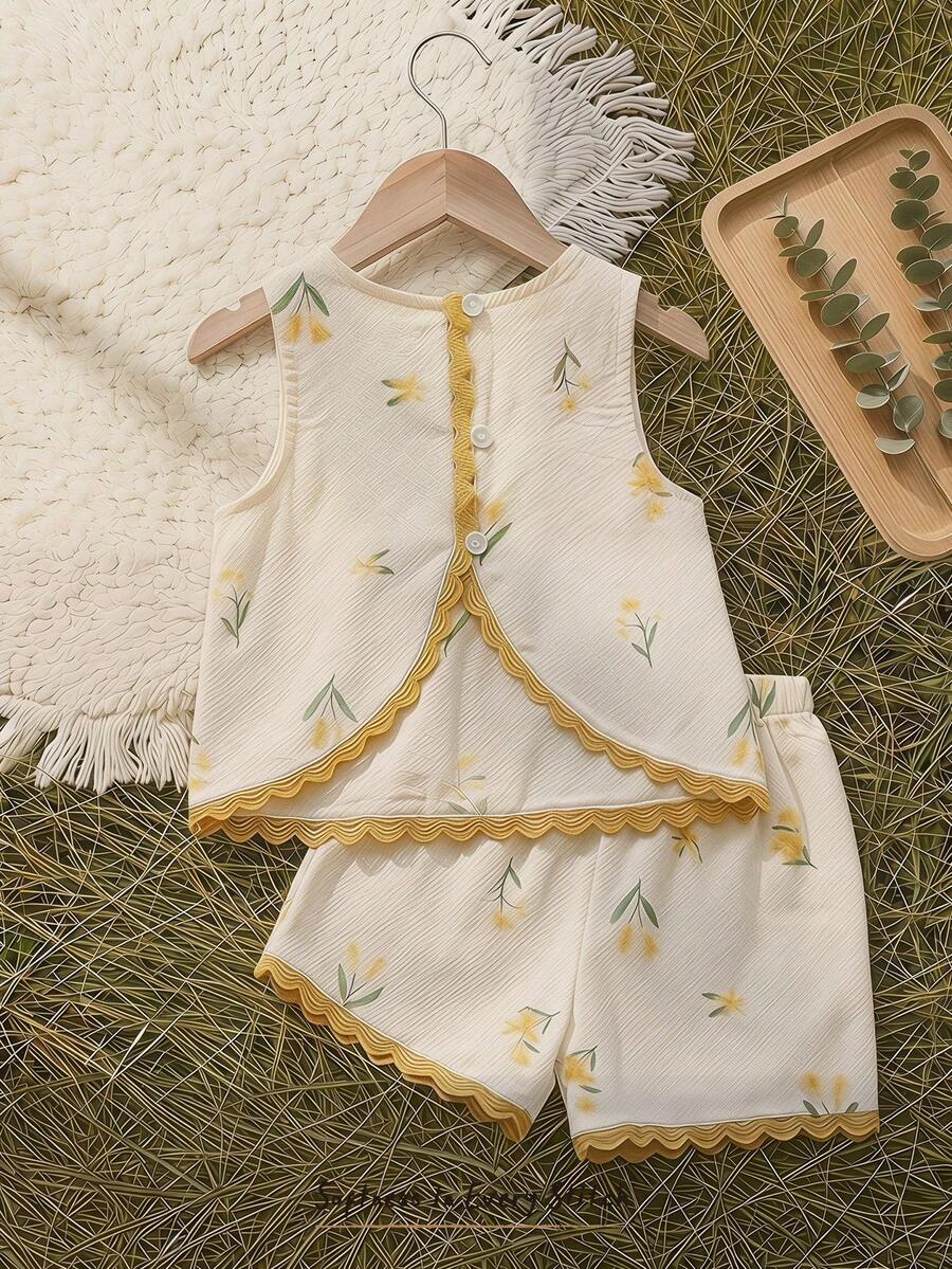 Cozy Pixies 女婴碎花印花撞色滚边无袖上衣和松紧腰短裤两件套 - 黃色 - 查看 1
