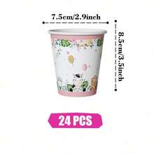 Platos, servilletas y vasos desechables con borde rosa y animales de la jungla, set de suministros para fiestas, sirve a 24 personas, vajilla de papel desechable para fiestas, adecuado para cumpleaños, bodas, fiestas temáticas, picnics familiares. - Ver 8