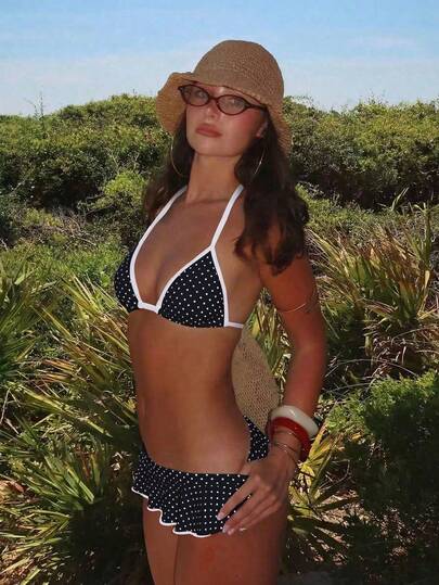 Swim Mod Women's Retro Red & White Polka Dot Print Bikini Set, Contrast Trim Sexy Micro Bikini Triangle Top & Super Short Skirt, Fashionable Casual Holiday Sweet Vintage Sexy Swimsuit