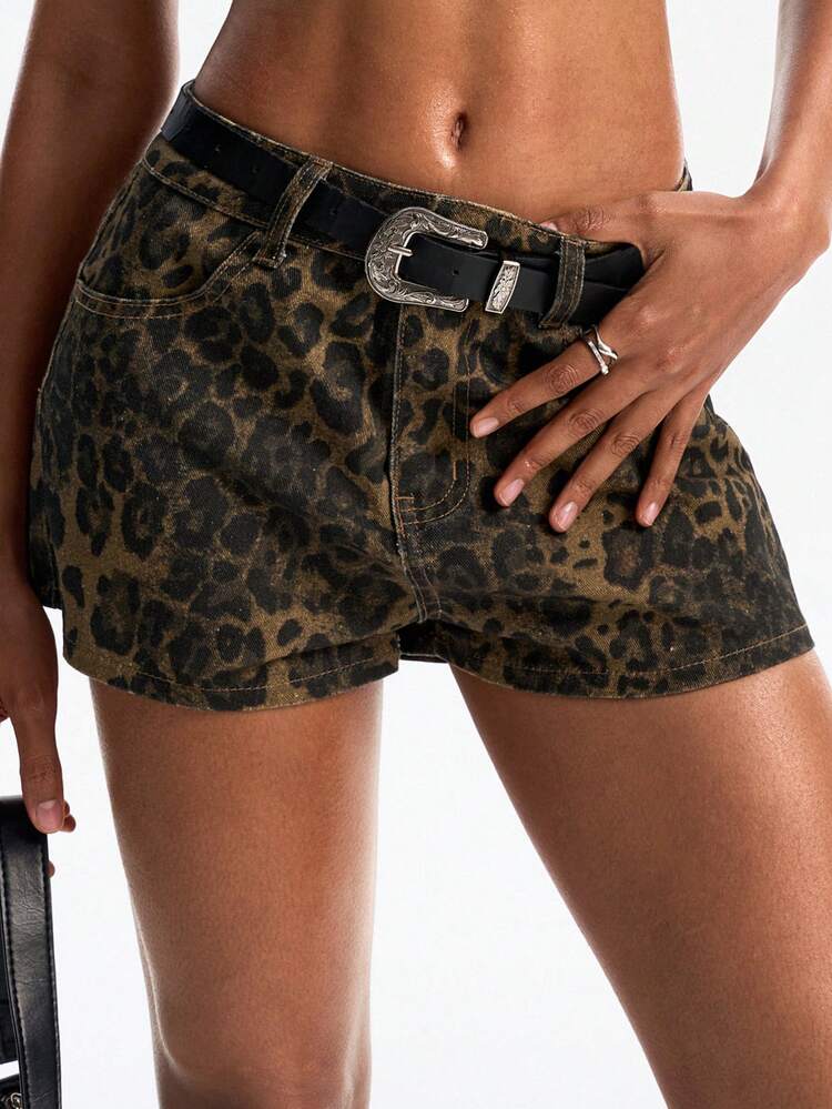 Spring Summer Hot Girl Retro Brown Washed Leopard Print All-Over Print Casual Vacation Style Street Beach Straight Leg Casual Pants Women's Denim Shorts