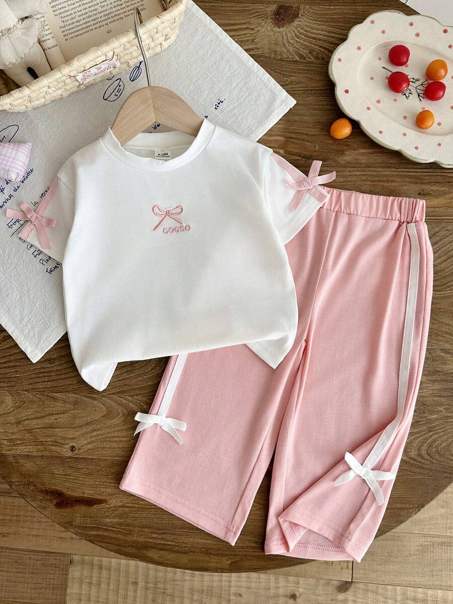 SHEIN 2件組女嬰幼兒0-3歲休閒百搭街頭風黑色T恤與長褲套裝 - 粉色 - 查看 1