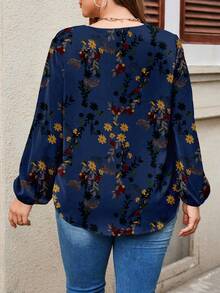 EMERY ROSE Áo blouse nữ cổ chữ V dáng rộng họa tiết hoa phong cách thanh lịch thường ngày, phù hợp cho mùa xuân & mùa thu, áo blouse nữ thời thượng, thường ngày - Màu xanh hải quân - Xem 2