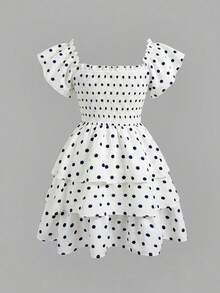 SHEIN Vestido casual de vacaciones para adolescentes con cuello cuadrado texturizado, mangas cortas, volantes en la Bottom y silueta evasé - Blanco y Negro - Ver 2