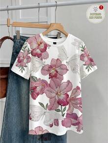 Divinelle Casual Minimalist Round Neck Short Sleeve Loose T-Shirt For Women, Floral Pattern, Suitable For Summer - Multicolor - View 2