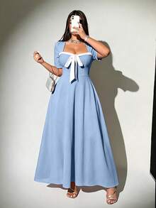 Viva Relle Plus Size Square Neck Twist Color Block Elegant Short Sleeve Dress - Baby Blue - View 3