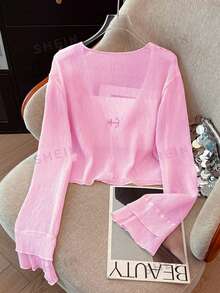K-Vae Women's Delicate Textured Lightweight Sun Protection Cardigan, Sheer Pearl Button Short Shrug Thin Jacket For Summer - Pink - View 2