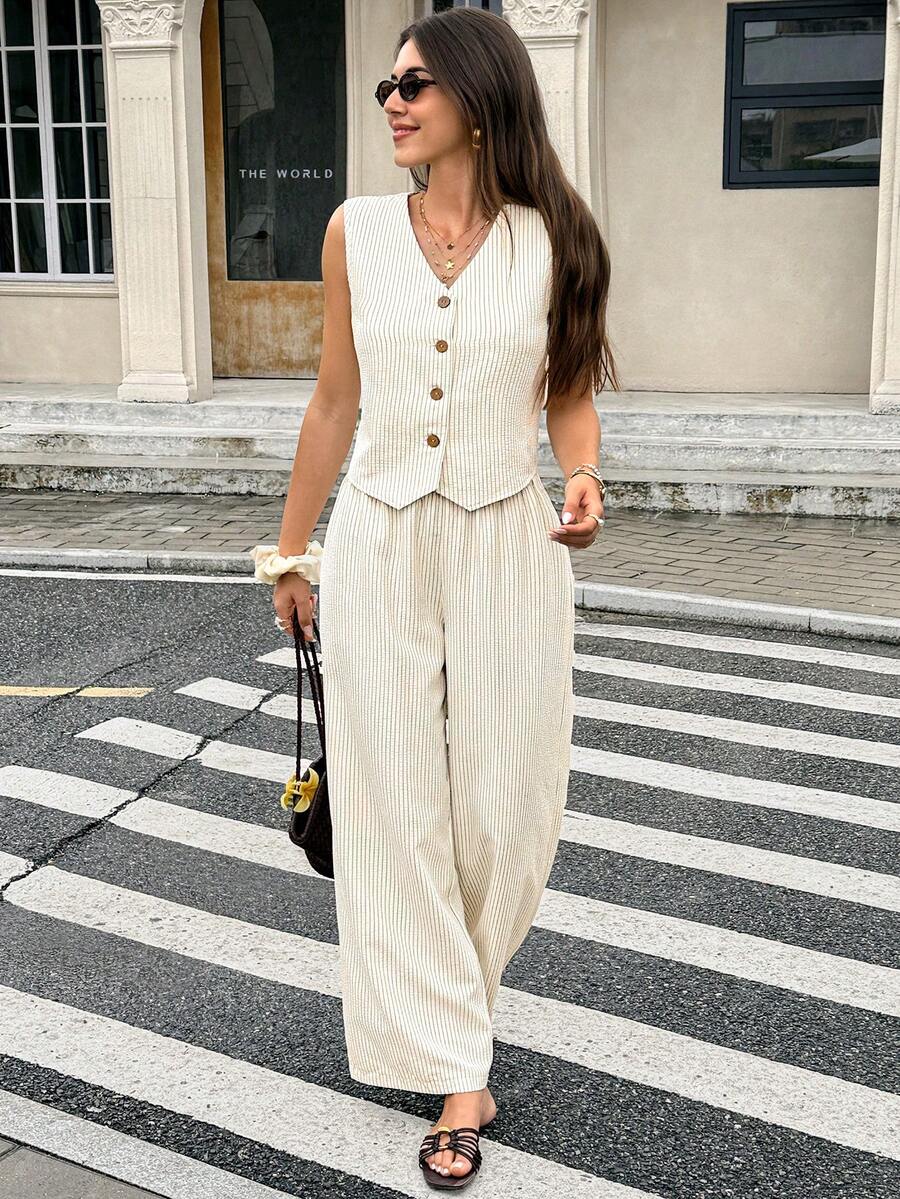 Serisse Solid Color V-Neck Button Front Vest And Pants Casual 2 Pieces Set - Beige - View 1