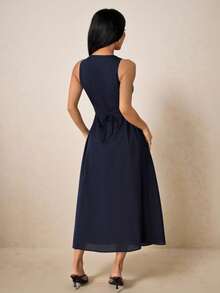 SHEIN PETITE 女士纯色拼接设计休闲派对中长连衣裙 - 藏蓝色 - 查看 2