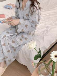 女款長款輕量浴袍 柔軟蓬鬆居家服 歐美風簡約長袖睡袍 甜美可愛熊圖案印花 薄款純色睡衣家居服 春秋休閒居家穿著 舒適日常晨袍 - 藍色小熊 - 查看 11