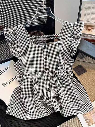 SHEIN PariChic Women's Fashion Black And White Plaid Blouse Regular Length Square Neck Peplum Top With Ruffle Puff Sleeve