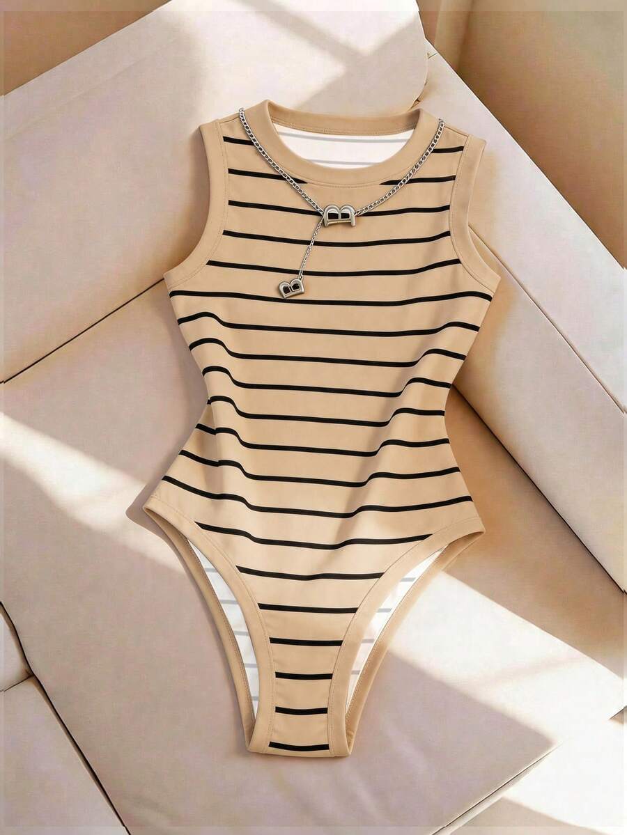 GlowEve Women's Summer Black Striped Bodysuit,Basic Casual Everyday Round Neck Camisole,Knit Fitted Sleeveless Bodysuit For Vacation Beach & Daily Wear - Khaki - View 1