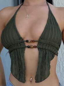 Vassilux Casual Vacation Textured Beaded Spaghetti Strap Camisole Summer - Army Green - View 3