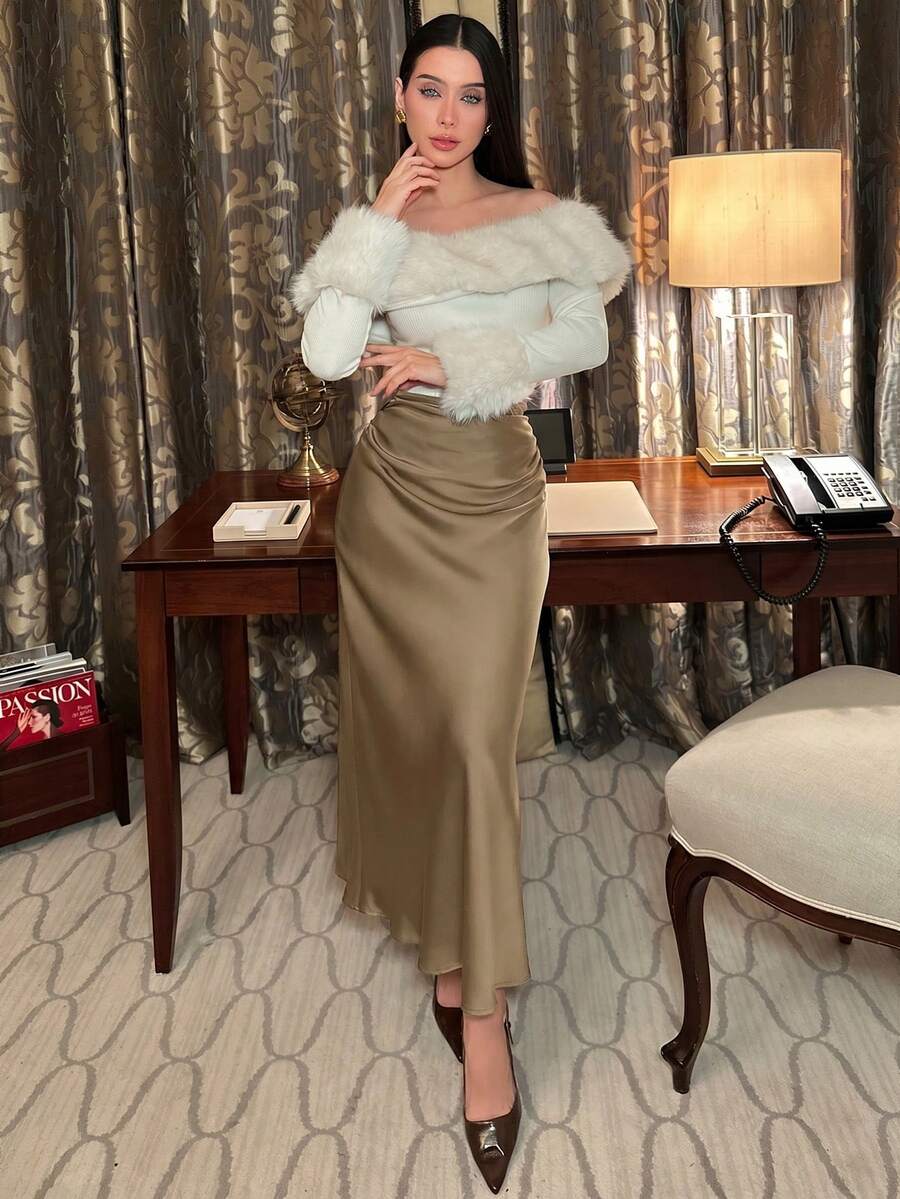 hhfernanda 褶皱缎面裙,女士优雅褶皱,拉链长款常规款自然米色纯色女裙,春夏,职业/商务装/工作服 - 咖啡棕 - 查看 1
