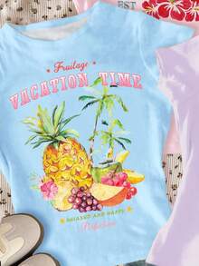 3pcs Set Cute Dopamine Floral Plant Print Tees,Pink,Purple,Cream,Short Sleeve Crew Neck Basic Fitted T-Shirts,Teen Girl Summer Vacation Holiday Outfit - Multicolor - View 4