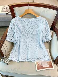 GlowEve CURVE Fashionable Elegant Square Collar Short Sleeve White Hollow Lace Blouse, Spring/Summer Plus Size - Baby Blue - View 2