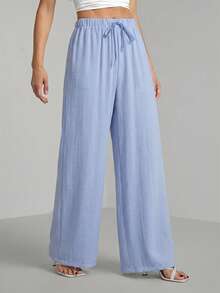 SHEIN Tall Loose Drawstring Waist Trousers In Textured Crinkle Fabric, Tall Women Vacation Lounge Travel Light Blue Autumn Casual - Blue - View 6