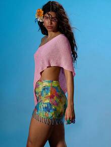 MUSERA Poncho de Tricô com Decote Assimétrico e Ombros à Mostra, Bainha Assimétrica, Verão Sexy, Saída, Praia, Férias, Ibiza, Clube, Febre Tropical - Rosa Bebê - Visão 5