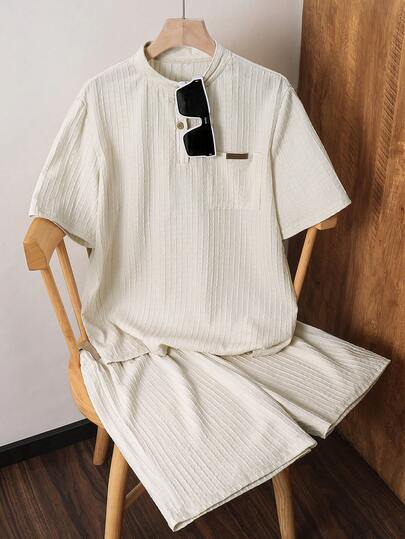 SHEIN Teen Boy 2pcs Beige,Summer Stand Collar Half-Zip Chest Pocket Jacquard Solid Color Short Sleeve Shorts Set,Comfortable Fabric,Casual & Fashionable