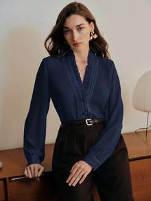 Anewsta Essential Elegant French Style V-Neck Ruffle Trim Fashionable Blouse, Suitable For New Year, Spring, Summer, White, Valentine's Day - Navy Blue - View 4