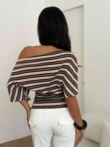 Aloruh Asymmetric Striped Loose Top With Cinched Waist, Minimalist Basic T-Shirt - Multicolor - View 3