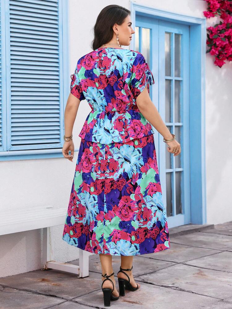 Plus Size Women Summer Casual Vacation Elegant Floral Print V-Neck Short Sleeve Long Dress,Flowy Dress,Going Out Outfits,Festa Junina,Boho Dress