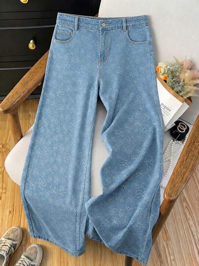 GlowEve CURVE Quần jean denim jacquard không co giãn, dáng rộng, thường ngày dành cho nữ, cỡ lớn.